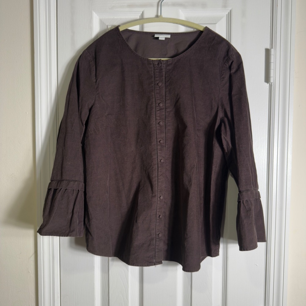 J.Jill Corduroy Crew Neck Button-Front Top – Brown |‎ Size Large 3/4 Bell Sleeve